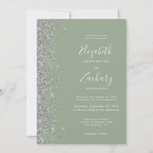 Modernes Hochzeitstil für Silver Glitzer mit grüne Einladung (Vorderseite)