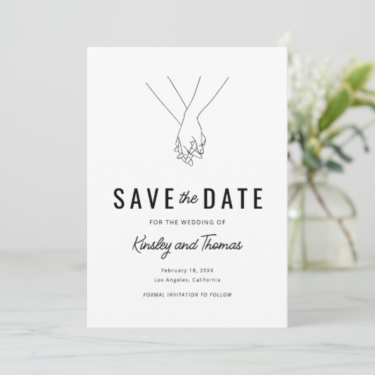 Modernes Holding-Hands-Foto Save the Date (Stehend Vorderseite)