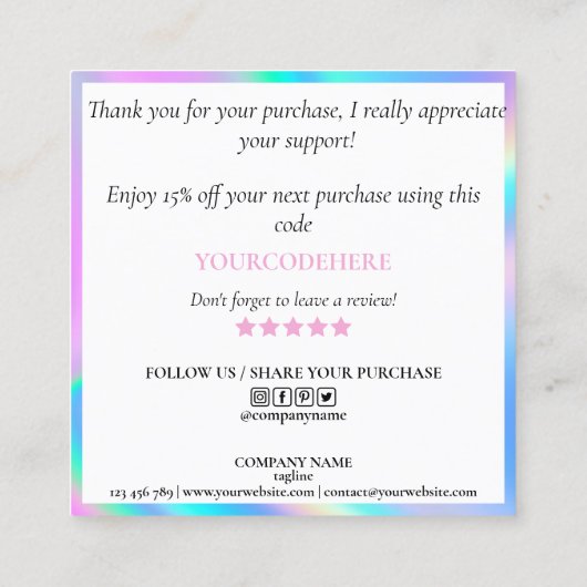 modernes holografisches Dankeschön für Ihr Busines Quadratische Visitenkarte (Rückseite)