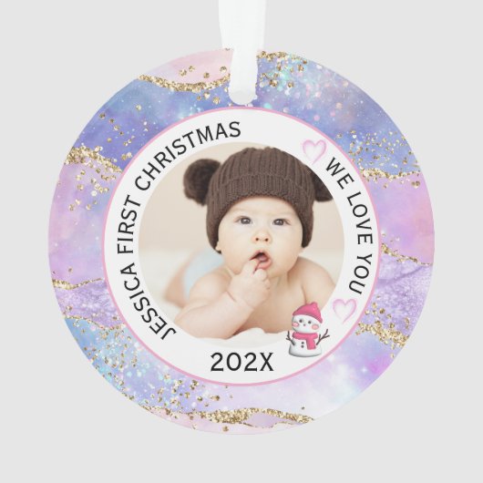 Modernes Holographic Baby Girl First Christmas Fot Ornament (Rückseite)