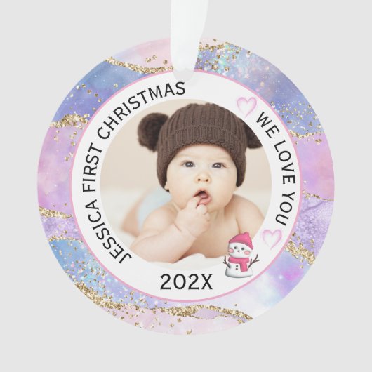 Modernes Holographic Baby Girl First Christmas Fot Ornament (Vorderseite)