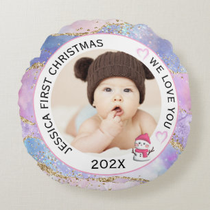 Modernes Holographic Baby Girl First Christmas Fot Rundes Kissen