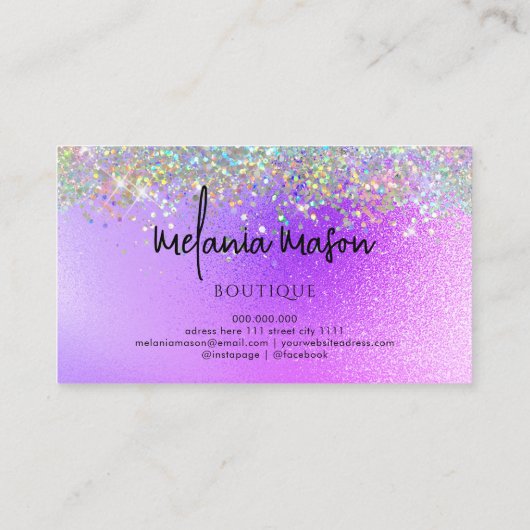 Modernes Holographic Glitzer Boutique Shop Lila Visitenkarte (Rückseite)
