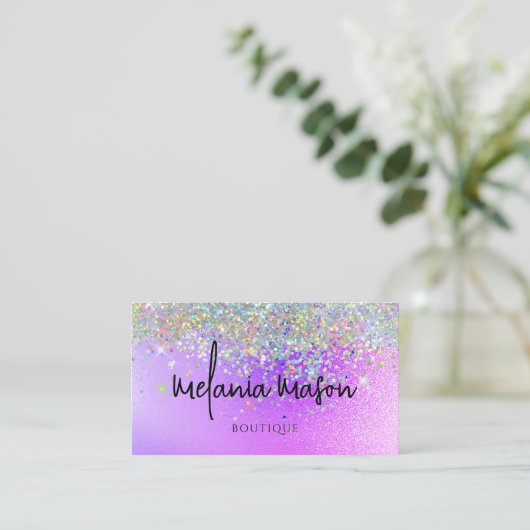 Modernes Holographic Glitzer Boutique Shop Lila Visitenkarte (Stehend Vorderseite)