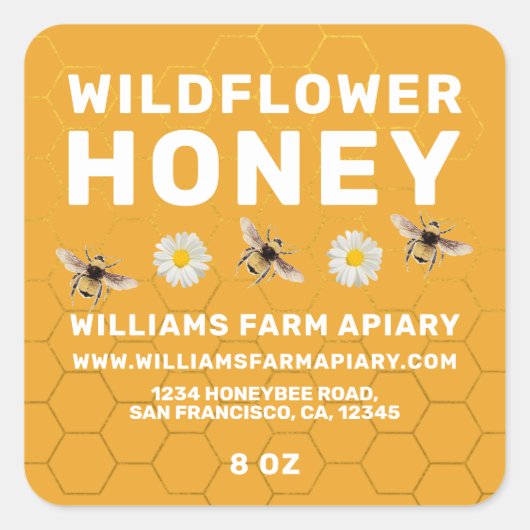 Modernes Honey Jar Label Honeybee Apiary Yellow Quadratischer Aufkleber (Vorderseite)