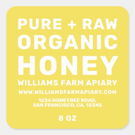 Modernes Honey Jar Label Honeybee Apiary Yellow Quadratischer Aufkleber (Vorderseite)