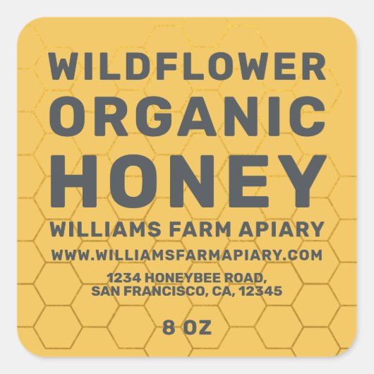 Modernes Honey Jar Label Honeybee Apiary Yellow Quadratischer Aufkleber (Vorderseite)