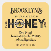Modernes Honey-Label mit Hexagon-Grenze und Biene Quadratischer Aufkleber (Vorderseite)