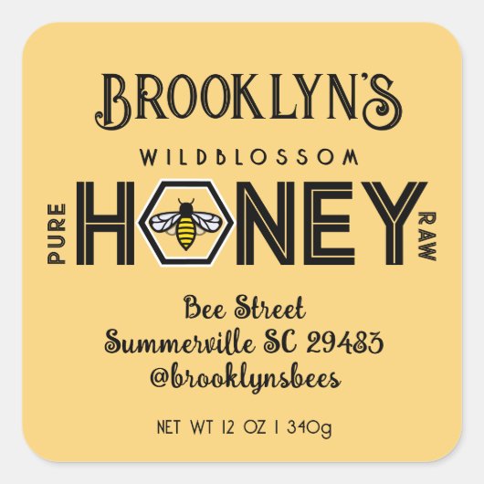 Modernes Honey-Label mit Hexagon-Grenze und Biene Quadratischer Aufkleber (Vorderseite)