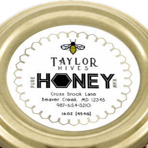 Modernes Honey-Label mit Hexagon-Grenze und Biene Runder Aufkleber