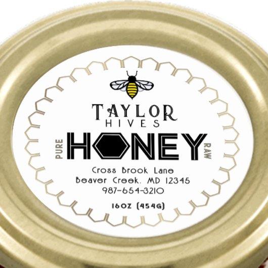 Modernes Honey-Label mit Hexagon-Grenze und Biene Runder Aufkleber