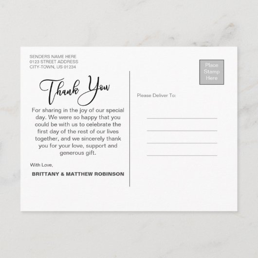 Modernes Honeymoon Wedding Foto Vielen Dank Postkarte (Rückseite)
