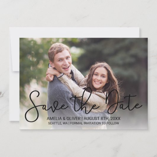Modernes, horizontales Skript-Foto Save the Date (Vorderseite)