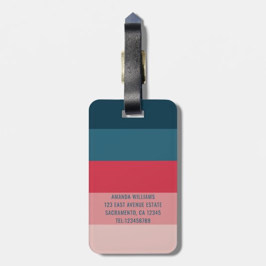Modernes horizontales Streifen, rosa und blau, Mon Gepäckanhänger (Rückseite vertikal)