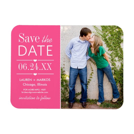 Modernes Hot Pink Hearts Wedding Foto Save the Dat Magnet (Horizontal)