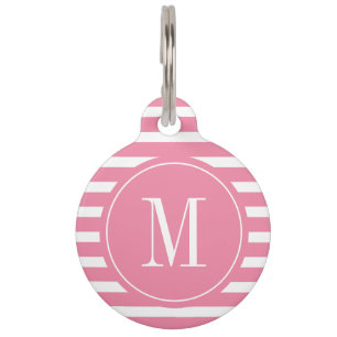 Modernes Hot-Pink und weißes Streifen mit Monogram Haustiermarke