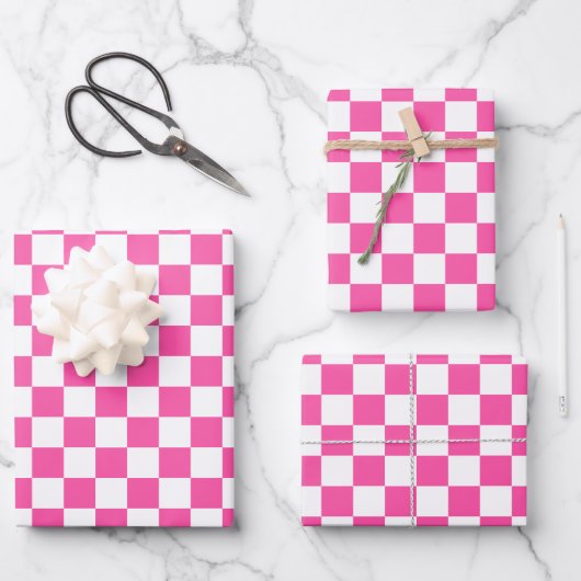 Modernes Hot Pink White Checked Geschenkpapier Set (Vorderseite)