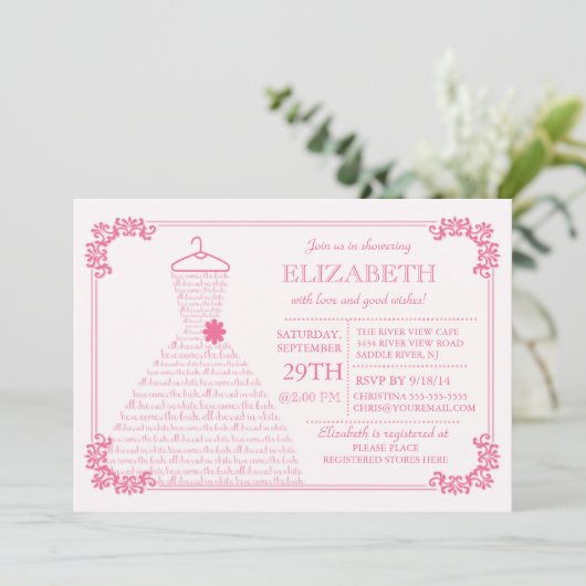 Modernes Hübsches rosa Hochzeitskleid-Brautparty Einladung (Stehend Vorderseite)