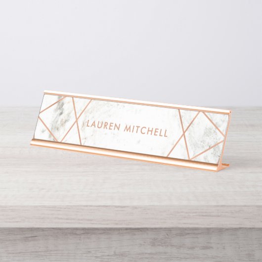 Modernes Imitat-Rosen-Gold geometrisch auf weißem Schreibtischnamensplakette (Vorderseite )
