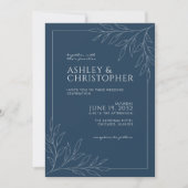 Modernes Indigo Blue Foliage Kontur Foto Hochzeit Einladung (Vorderseite)