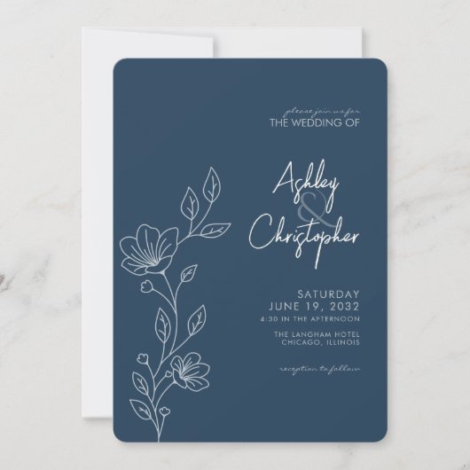 Modernes Indigo Blue Foliage Kontur Foto Hochzeit Einladung (Vorderseite)