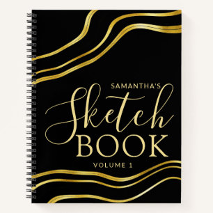 Modernes Individuelle Name Black Gold Sketchbook Notizblock