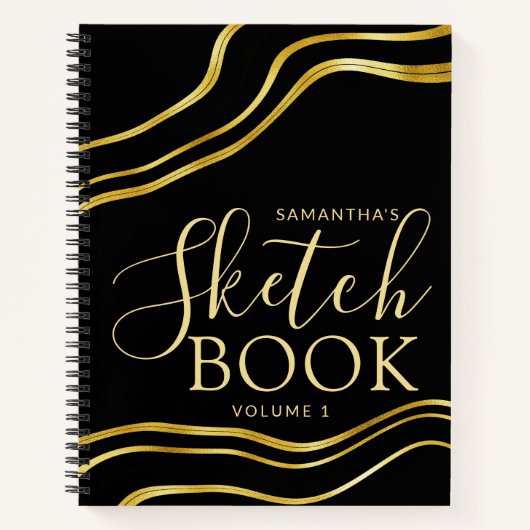 Modernes Individuelle Name Black Gold Sketchbook Notizblock (Vorderseite)