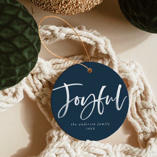 Modernes Joyful Script Navy Foto Keramik Ornament