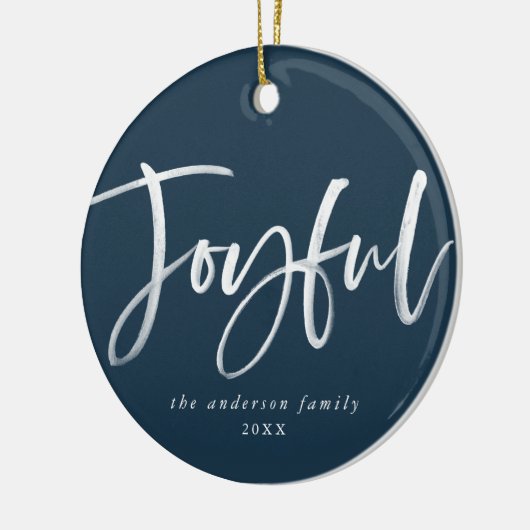 Modernes Joyful Script Navy Foto Keramik Ornament (Links)