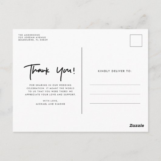 Modernes Just Married Foto Hochzeit Vielen Dank Postkarte (Rückseite)