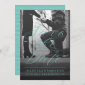 Modernes Kalligrafie Foto Aqua Green Save The Date (Vorne/Hinten)