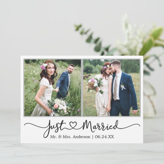 Modernes Kalligrafie Herz 2 Foto Hochzeit Ankündigung (Stehend Vorderseite)