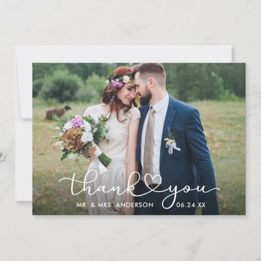 Modernes Kalligrafie-Herz-Script-Hochzeitsskripte- Dankeskarte (Vorderseite)