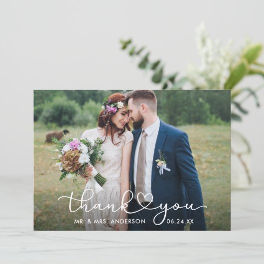 Modernes Kalligrafie-Herz-Script-Hochzeitsskripte- Dankeskarte (Stehend Vorderseite)