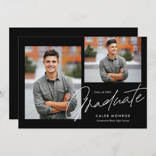 Modernes Kalligrafie Script 3 Foto Abschluss Ankündigung (Vorne/Hinten)