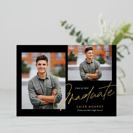 Modernes Kalligrafie Script 3 Foto Abschluss Folieneinladung (Stehend vorne)