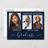 Modernes Kalligrafie Script 3 Foto Blue Abschluss Postkarte (Vorne/Hinten)