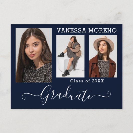 Modernes Kalligrafie Script 3 Foto Blue Abschluss Postkarte (Vorderseite)