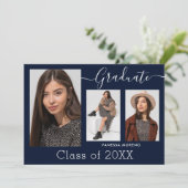 Modernes Kalligrafie Script Blue 3 Foto Abschluss Ankündigung (Stehend Vorderseite)