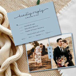 Modernes Kalligrafie-Script Dusty Blue Foto Weddin RSVP Karte