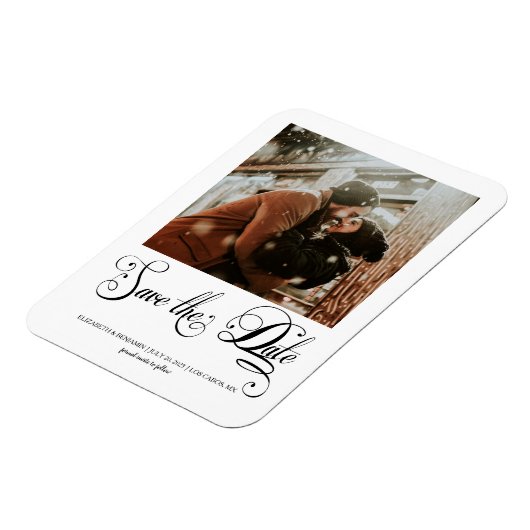 Modernes Kalligrafie-Script-Foto Save the Date Magnet (Linke Seite)