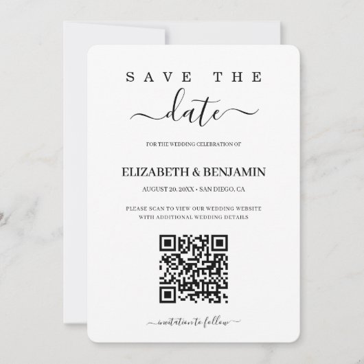Modernes Kalligrafie Script QR Code Foto Gerettet  Save The Date (Vorderseite)