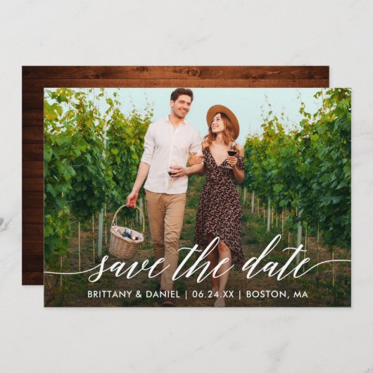 Modernes Kalligrafie Script Rustic Wood Foto Save The Date (Vorne/Hinten)