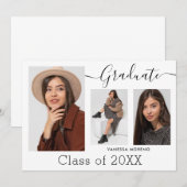 Modernes Kalligrafie Script White 3 Foto Abschluss Ankündigung (Vorne/Hinten)