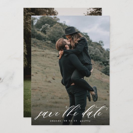 Modernes Kalligrafie-Typografie-Weißes Overlay-Fot Save The Date (Vorne/Hinten)