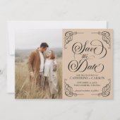 Modernes Kalligrafie Vintages Foto Beige Save The Date (Vorderseite)