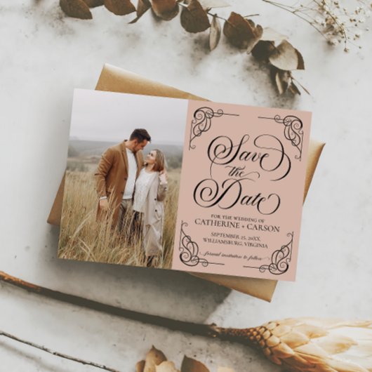 Modernes Kalligrafie Vintages Foto Beige Save The Date