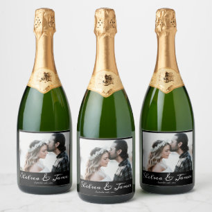 Modernes kalligrafisches Foto Black & White Weddin Schaumweinetikett