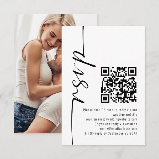 Modernes kalligrafisches Foto QR Code Wedding RSVP Karte (Vorne/Hinten)