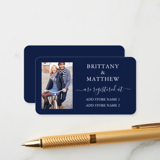 Modernes kalligrafisches Foto Wedding Registry Blu Begleitkarte (Vorderseite/Rückseite Beispiel)